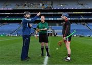 22 November 2020; Referee Chris Mooney with team captains Brian Byrne of Kildare and Stephen Keith of Down prior to the Christy Ring Cup Final match between Down and Kildare at Croke Park in Dublin. Photo by Piaras Ó Mídheach/Sportsfile