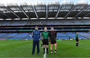 22 November 2020; Referee Chris Mooney with team captains Brian Byrne of Kildare and Stephen Keith of Down prior to the Christy Ring Cup Final match between Down and Kildare at Croke Park in Dublin. Photo by Piaras Ó Mídheach/Sportsfile