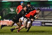 9 January 2021; Chris Farrell of Munster dives over to score his side's first try during the Guinness PRO14 match between Connacht and Munster at the Sportsground in Galway. Photo by Sam Barnes/Sportsfile