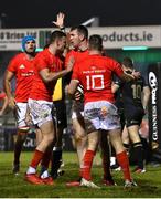 9 January 2021; Chris Farrell of Munster, centre, celebrates with team-mates after scoring his side's first try during the Guinness PRO14 match between Connacht and Munster at the Sportsground in Galway. Photo by Sam Barnes/Sportsfile