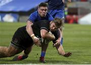 15 January 2021; Callum Reid of Ulster A scores his side's second try depite the tackle of Marcus Hanan of Leinster A during the A Interprovincial match between Ulster A and Leinster A at Kingspan Stadium in Belfast. Photo by John Dickson/Sportsfile