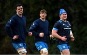 18 January 2021; Leinster players, from left, James Ryan, Ryan Baird and Tadhg Furlong during Leinster Rugby squad training at UCD in Dublin. Photo by Ramsey Cardy/Sportsfile