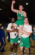 8 June 1994; Ireland captain Mark Keenan is lifted up by team-mates Jerome Westbrooks, left, and Alan Conlon as they celebrate after the 1994 Promotions Cup Final match between Ireland and Cyprus at the National Basketball Arena in Tallaght, Dublin. Photo by Ray McManus/Sportsfile