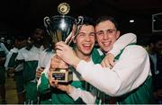 8 June 1994; Gareth Maguire, left, and Karl Donnelly of Ireland celebrate with the cup after the 1994 Promotions Cup Final match between Ireland and Cyprus at the National Basketball Arena in Tallaght, Dublin. Photo by Ray McManus/Sportsfile