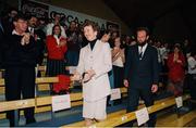 8 June 1994; President Mary Robinson takes her seat accompanied by President of Basketball Ireland Paul Meany prior to the 1994 Promotions Cup Final match between Ireland and Cyprus at the National Basketball Arena in Tallaght, Dublin. Photo by Ray McManus/Sportsfile