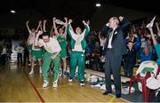 8 June 1994; Ireland assistant coach Joey Boylan, left, team manager Fintan Reilly and head coach Rich Connover celebrate at the final buzzer during the 1994 Promotions Cup Final match between Ireland and Cyprus at the National Basketball Arena in Tallaght, Dublin. Photo by Ray McManus/Sportsfile