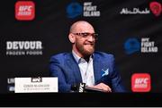 21 January 2021; Conor McGregor during the UFC 257 press conference prior to UFC 257 at the Etihad Arena on Yas Island in Abu Dhabi, United Arab Emirates. Photo by Jeff Bottari/Zuffa LLC/Getty Images via Sportsfile