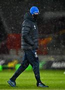 23 January 2021; Leinster Head Coach Leo Cullen walks the pitch as snow falls prior to the Guinness PRO14 match between Munster and Leinster at Thomond Park in Limerick. Photo by Eóin Noonan/Sportsfile