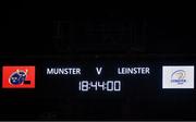 23 January 2021; A general view of the scoreboard prior to the Guinness PRO14 match between Munster and Leinster at Thomond Park in Limerick. Photo by Eóin Noonan/Sportsfile