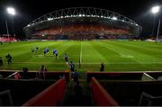 23 January 2021; The Leinster team run out onto the pitch prior to the Guinness PRO14 match between Munster and Leinster at Thomond Park in Limerick. Photo by Ramsey Cardy/Sportsfile