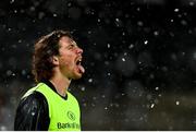 23 January 2021; Ben Healy of Munster tastes the snow prior to the Guinness PRO14 match between Munster and Leinster at Thomond Park in Limerick. Photo by Ramsey Cardy/Sportsfile