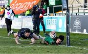 24 January 2021; Alex Wootton of Connacht is tackled into touch by Owen Watkin of Ospreys, and his try attempt was subsequently disallowed, during the Guinness PRO14 match between Connacht and Ospreys at The Sportsground in Galway. Photo by Piaras Ó Mídheach/Sportsfile