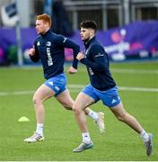 25 January 2021; Harry Byrne, right, and Ciarán Frawley during Leinster Rugby squad training at Energia Park in Dublin. Photo by Ramsey Cardy/Sportsfile