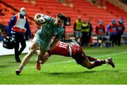 30 January 2021; Cian Kelleher of Leinster beats the tackle of Sam Costelow of Scarlets on the way to scoring his side's fourth try during the Guinness PRO14 match between Scarlets and Leinster at Parc y Scarlets in Llanelli, Wales. Photo by Gareth Everitt/Sportsfile
