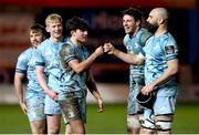 30 January 2021; Leinster players, from left, David Hawkshaw, Jamie Osborne, Max O’Reilly, Ryan Baird and Scott Fardy after the Guinness PRO14 match between Scarlets and Leinster at Parc y Scarlets in Llanelli, Wales. Photo by Gareth Everitt/Sportsfile