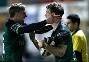 5 February 2021; Matt Healy, right, is congratulated by Connacht team-mate John Porch after scoring his side's first try during the Guinness PRO14 match between Dragons and Connacht at Rodney Parade in Newport, Wales. Photo by Gareth Everett/Sportsfile
