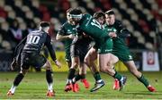 5 February 2021; Tom Daly of Connacht is tackled by Rhodri Williams and Sam Davies of Dragons during the Guinness PRO14 match between Dragons and Connacht at Rodney Parade in Newport, Wales. Photo by Gareth Everett/Sportsfile