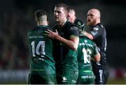 5 February 2021; Connacht players Peter Sullivan and Oisin Dowling congratulate each other following their side's victory in the Guinness PRO14 match between Dragons and Connacht at Rodney Parade in Newport, Wales. Photo by Gareth Everett/Sportsfile