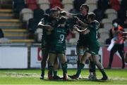 5 February 2021; Abraham Papali’i, second from left, of Connacht celebrates with his team-mates after scoring his side's second try during the Guinness PRO14 match between Dragons and Connacht at Rodney Parade in Newport, Wales. Photo by Gareth Everett/Sportsfile