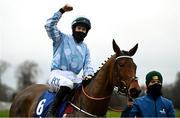 6 February 2021; Jockey Rachael Blackmore celebrates on Honeysuckle after winning the Chanelle Pharma Irish Champion Hurdle on day 1 of the Dublin Racing Festival at Leopardstown Racecourse in Dublin. Photo by Harry Murphy/Sportsfile