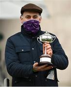 6 February 2021; Trainer Henry De Bromhead celebrates with the cup after sending Honeysuckle out to win the Chanelle Pharma Irish Champion Hurdle on day 1 of the Dublin Racing Festival at Leopardstown Racecourse in Dublin. Photo by Harry Murphy/Sportsfile