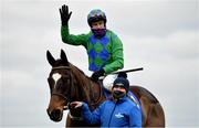 7 February 2021; Jockey Paul Townend and stablehand Lara Tedstone celebrate after winning the Chanelle Pharma Novice Hurdle with Appreciate It on day two of the Dublin Racing Festival at Leopardstown Racecourse in Dublin. Photo by Seb Daly/Sportsfile
