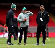 7 February 2021; Ireland head coach Andy Farrell with forwards coach Paul O'Connell, left, and assistant coach Mike Catt, right, prior to the Guinness Six Nations Rugby Championship match between Wales and Ireland at the Principality Stadium in Cardiff, Wales. Photo by Gareth Everett/Sportsfile