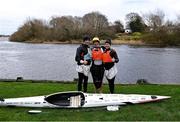 7 February 2021; Jon Simmons, centre, Canoeing Ireland National Talent Development Coach and Head Junior Coach of Salmon Leap Canoe Club, with his fiancée Jenny Egan and Jenny's brother Peter Egan, after completing 7 marathons in 7 days in a kayak to help raise awareness and funds for the Jigsaw charity, a mental health charity for young people in Ireland, at Salmon Leap Canoe Club in Leixlip, Kildare. Donations can be made at: https://www.idonate.ie/fundraiser/11396494_7x7--7-marathons-in-7-days-for-jigsaw-in-a-kayak-.html Photo by Piaras Ó Mídheach/Sportsfile