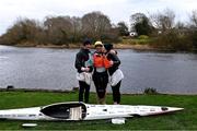 7 February 2021; Jon Simmons, centre, Canoeing Ireland National Talent Development Coach and Head Junior Coach of Salmon Leap Canoe Club, with his fiancée Jenny Egan and Jenny's brother Peter Egan, after completing 7 marathons in 7 days in a kayak to help raise awareness and funds for the Jigsaw charity, a mental health charity for young people in Ireland, at Salmon Leap Canoe Club in Leixlip, Kildare. Donations can be made at: https://www.idonate.ie/fundraiser/11396494_7x7--7-marathons-in-7-days-for-jigsaw-in-a-kayak-.html Photo by Piaras Ó Mídheach/Sportsfile