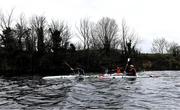 7 February 2021; Jon Simmons, right, Canoeing Ireland National Talent Development Coach and Head Junior Coach of Salmon Leap Canoe Club, with his fiancée Jenny Egan, Irish Canoeist, centre, and Jenny's brother Peter Egan, during the final day of completing 7 marathons in 7 days in a kayak to help raise awareness and funds for the Jigsaw charity, a mental health charity for young people in Ireland, at Salmon Leap Canoe Club in Leixlip, Kildare. Donations can be made at: https://www.idonate.ie/fundraiser/11396494_7x7--7-marathons-in-7-days-for-jigsaw-in-a-kayak-.html Photo by Piaras Ó Mídheach/Sportsfile