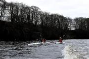 7 February 2021; Jon Simmons, right, Canoeing Ireland National Talent Development Coach and Head Junior Coach of Salmon Leap Canoe Club, with his fiancée Jenny Egan, Irish Canoeist, centre, and Jenny's brother Peter Egan, during the final day of completing 7 marathons in 7 days in a kayak to help raise awareness and funds for the Jigsaw charity, a mental health charity for young people in Ireland, at Salmon Leap Canoe Club in Leixlip, Kildare. Donations can be made at: https://www.idonate.ie/fundraiser/11396494_7x7--7-marathons-in-7-days-for-jigsaw-in-a-kayak-.html Photo by Piaras Ó Mídheach/Sportsfile