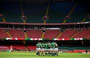 7 February 2021; The Ireland team huddle in front of an empty stadium prior to the Guinness Six Nations Rugby Championship match between Wales and Ireland at the Principality Stadium in Cardiff, Wales. Photo by Ben Evans/Sportsfile