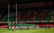 7 February 2021; The Ireland team stand for the national anthems prior to the Guinness Six Nations Rugby Championship match between Wales and Ireland at the Principality Stadium in Cardiff, Wales. Photo by Ben Evans/Sportsfile