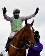 7 February 2021; Jockey Paul Townend celebrates after riding Monkfish to victory in the Flogas Novice Steeplechase on day two of the Dublin Racing Festival at Leopardstown Racecourse in Dublin. Photo by Seb Daly/Sportsfile