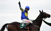 7 February 2021; Jockey Danny Mullins celebrates after riding Kemboy to victory in the Paddy Power Irish Gold Cup on day two of the Dublin Racing Festival at Leopardstown Racecourse in Dublin. Photo by Seb Daly/Sportsfile