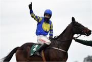7 February 2021; Jockey Danny Mullins celebrates after riding Kemboy to victory in the Paddy Power Irish Gold Cup on day two of the Dublin Racing Festival at Leopardstown Racecourse in Dublin. Photo by Seb Daly/Sportsfile