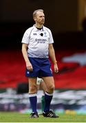 7 February 2021; Referee Wayne Barnes during the Guinness Six Nations Rugby Championship match between Wales and Ireland at the Principality Stadium in Cardiff, Wales. Photo by Chris Fairweather/Sportsfile