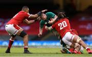7 February 2021; Keith Earls of Ireland is tackled by Taulupe Faletau, left, Alun Wyn Jones and Josh Navidi of Wales during the Guinness Six Nations Rugby Championship match between Wales and Ireland at the Principality Stadium in Cardiff, Wales. Photo by Gareth Everett/Sportsfile