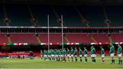 7 February 2021; The Ireland and Wales teams stand for the national anthems prior to the Guinness Six Nations Rugby Championship match between Wales and Ireland at the Principality Stadium in Cardiff, Wales. Photo by Gareth Everett/Sportsfile