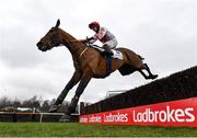 6 February 2021; Darver Star, with Jonathan Moore up, jumps the last during the Patrick Ward & Co. Solicitors Irish Arkle Novice Steeplechase on day 1 of the Dublin Racing Festival at Leopardstown Racecourse in Dublin. Photo by Harry Murphy/Sportsfile
