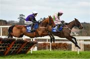 7 February 2021; Mr Coldstone, left, with Denis O'Regan up, and Hook Up, right, with Danny Mullins up, during the Chanelle Pharma Novice Hurdle on day two of the Dublin Racing Festival at Leopardstown Racecourse in Dublin. Photo by Seb Daly/Sportsfile