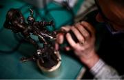 11 February 2021; Bronze sculptor Jarlath Daly working on the awards that will be presented to the players named on the Teams of the 2020 TG4 All-Ireland Ladies Football Championships, at his Dublin workshop. ‘Peil na mBan – Foirne na Bliana – le AIG Insurance’ will air on TG4 from 7.15pm on Saturday, February 27. You can watch the programme on TV or wordwide on the TG4 Player: https://www.tg4.ie/en/player/watch-live/home/. Photo by David Fitzgerald/Sportsfile