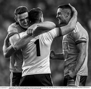 14 September 2019; Stephen Cluxton celebrates with Brian Fenton, left, and James McCarthy, right, following the GAA Football All-Ireland Senior Championship Final Replay match between Dublin and Kerry at Croke Park in Dublin. Photo by Eóin Noonan/Sportsfile