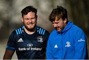 15 February 2021; Greg McGrath, left, and David Hawkshaw arrive for Leinster Rugby squad training at UCD in Dublin. Photo by Ramsey Cardy/Sportsfile