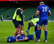 14 February 2021; Charles Ollivon of France receives medical attention prior to the Guinness Six Nations Rugby Championship match between Ireland and France at the Aviva Stadium in Dublin. Photo by Brendan Moran/Sportsfile