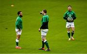 14 February 2021; Jamison Gibson-Park, left, and John Cooney, right, speakign with captain Iain Henderson prior to the Guinness Six Nations Rugby Championship match between Ireland and France at the Aviva Stadium in Dublin. Photo by Brendan Moran/Sportsfile