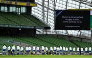 14 February 2021; The France team stand for the 'Rugby Against Racism' campaign prior to the Guinness Six Nations Rugby Championship match between Ireland and France at the Aviva Stadium in Dublin. Photo by Brendan Moran/Sportsfile