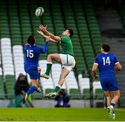 14 February 2021; Brice Dulin of France and Hugo Keenan of Ireland contest a high ball during the Guinness Six Nations Rugby Championship match between Ireland and France at the Aviva Stadium in Dublin. Photo by Ramsey Cardy/Sportsfile