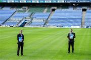 16 February 2021; GAA Director of Finance Ger Mulryan, left, and GAA Commercial Director & Croke Park Stadium Director Peter McKenna pitchside at Croke Park in Dublin after a remote media briefing announcing the 2020 GAA Annual Report and Financial Accounts. Photo by Brendan Moran/Sportsfile