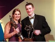 4 December 1998; Galway footballer Jarlath Fallon and his partner Aoife Kelly with his Eircell All Star and Player of the Year awards during the 1998 Eircell GAA All Star Awards Banquet at The Burlington Hotel in Dublin. Photo by Brendan Moran/Sportsfile